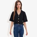 Black Large Short Sleeve Button Down Shirt with V-Neckline