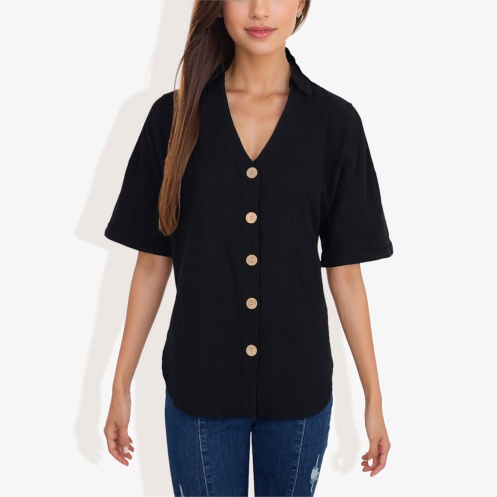 Short Sleeve Button Down Shirt with V-Neckline