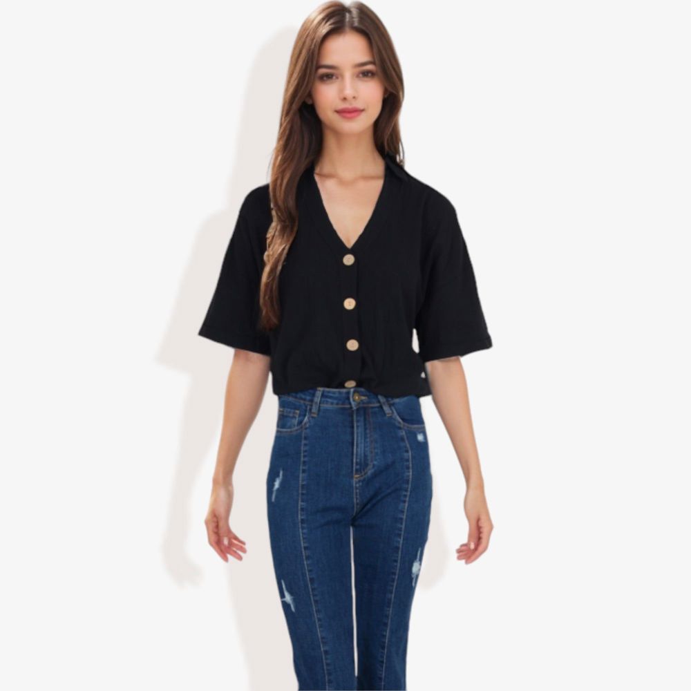 Short Sleeve Button Down Shirt with V-Neckline