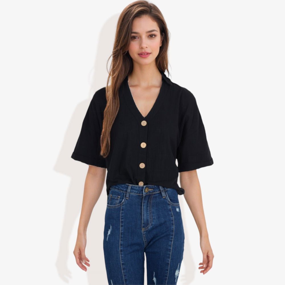 Short Sleeve Button Down Shirt with V-Neckline