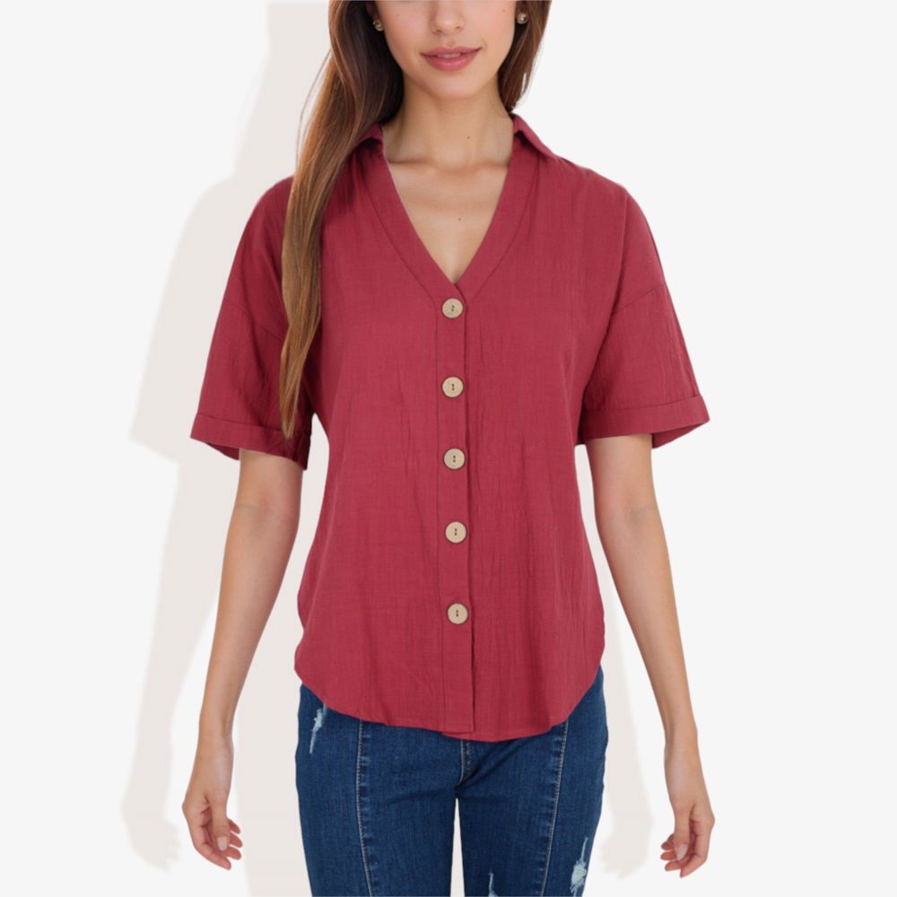 Short Sleeve Button Down Shirt with V-Neckline