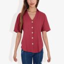 Red Large Short Sleeve Button Down Shirt with V-Neckline