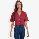 Red Large Short Sleeve Button Down Shirt with V-Neckline