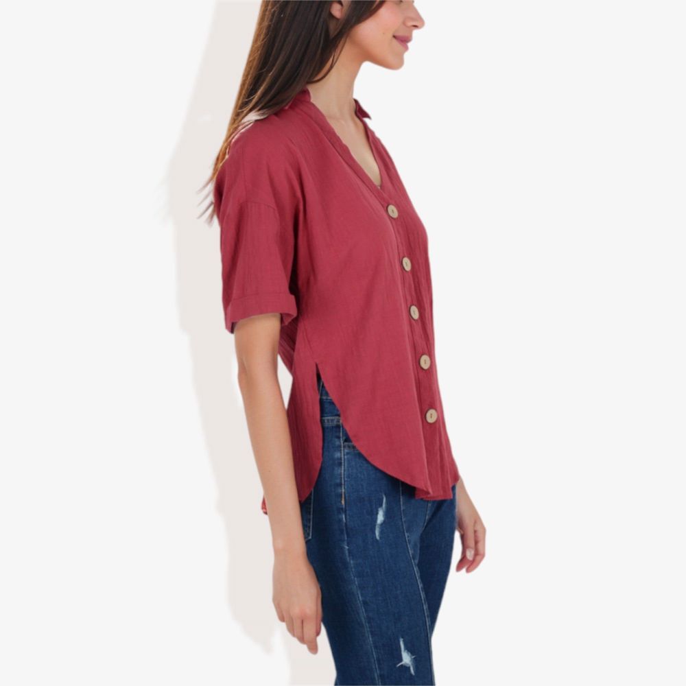 Short Sleeve Button Down Shirt with V-Neckline