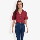 Red Large Short Sleeve Button Down Shirt with V-Neckline