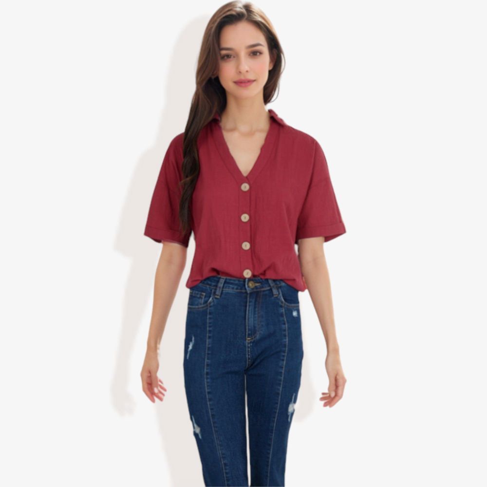 Short Sleeve Button Down Shirt with V-Neckline