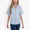 Blue Large Short Sleeve Button Down Shirt with V-Neckline