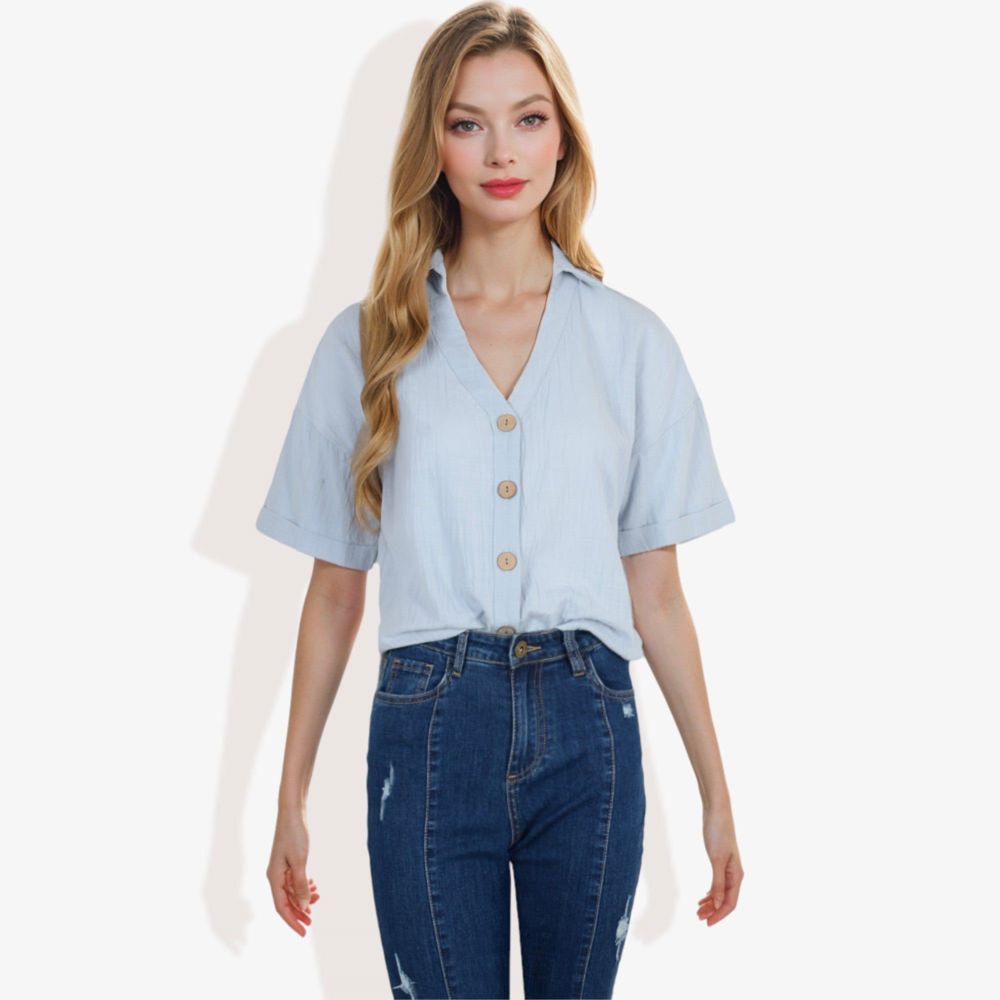 Short Sleeve Button Down Shirt with V-Neckline