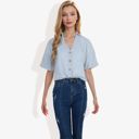 Blue Large Short Sleeve Button Down Shirt with V-Neckline