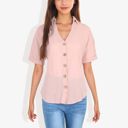 Pink Large Short Sleeve Button Down Shirt with V-Neckline