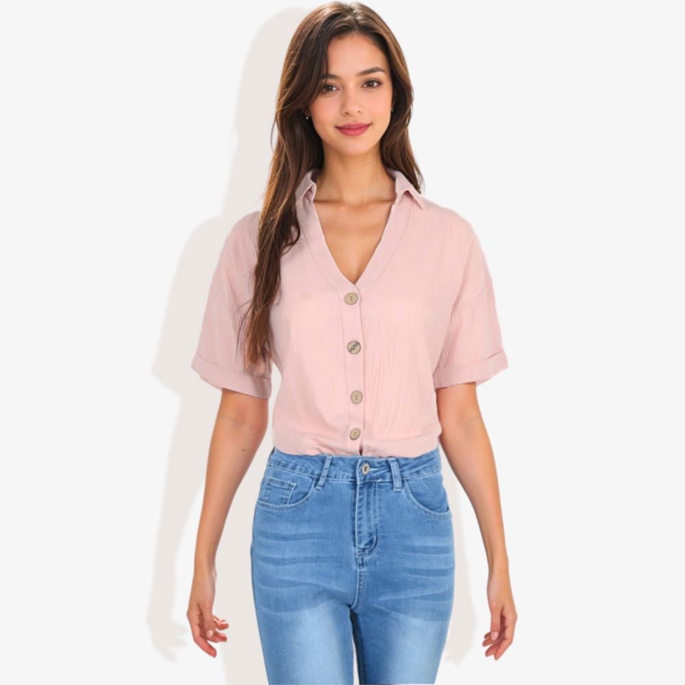 Short Sleeve Button Down Shirt with V-Neckline