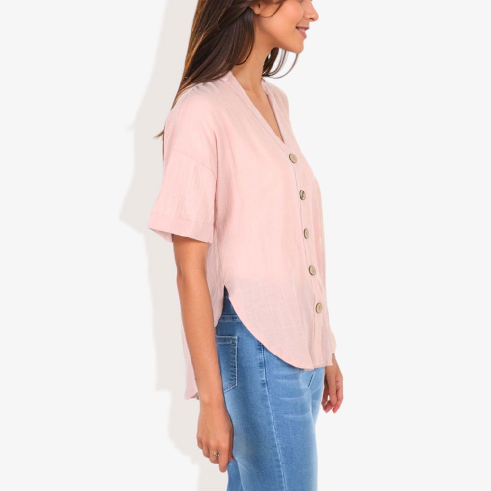 Short Sleeve Button Down Shirt with V-Neckline