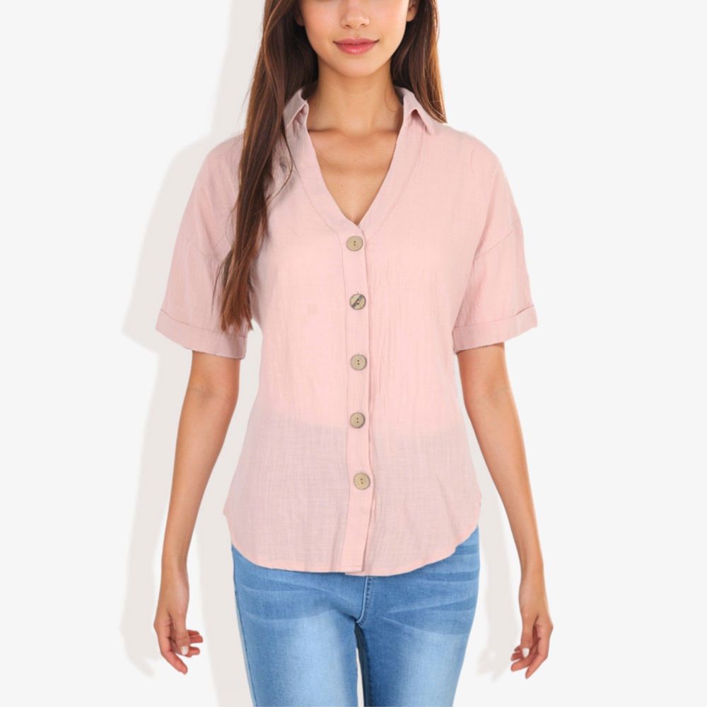 Short Sleeve Button Down Shirt with V-Neckline