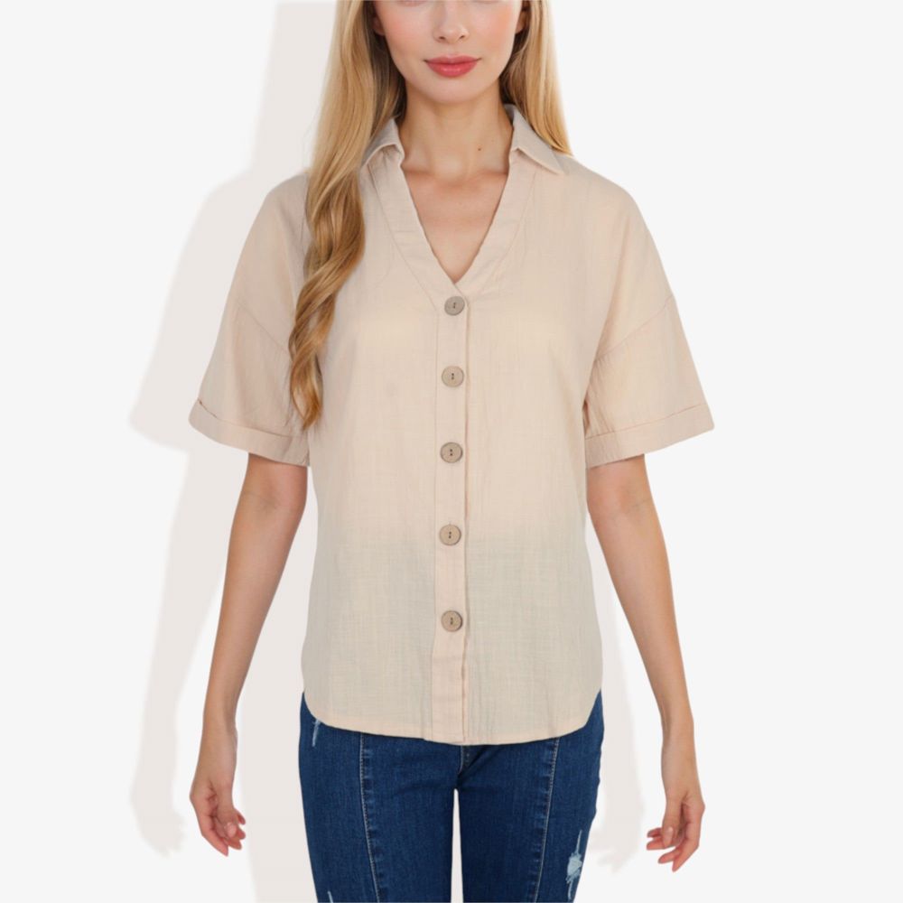 Short Sleeve Button Down Shirt with V-Neckline