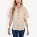 Beige Large Short Sleeve Button Down Shirt with V-Neckline