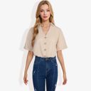 Beige Large Short Sleeve Button Down Shirt with V-Neckline