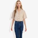 Beige Large Short Sleeve Button Down Shirt with V-Neckline