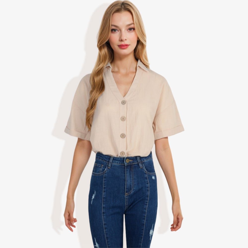 Short Sleeve Button Down Shirt with V-Neckline