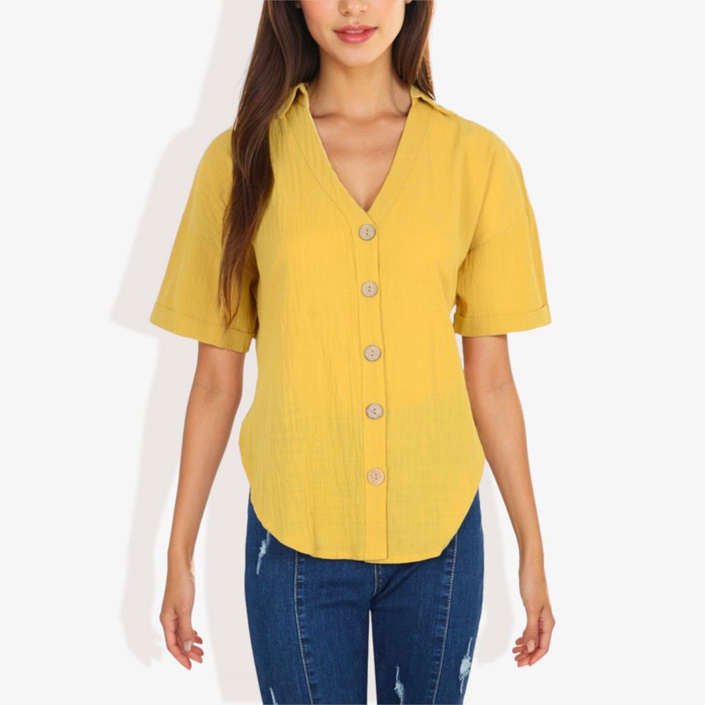 Short Sleeve Button Down Shirt with V-Neckline