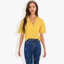 Yellow Large Short Sleeve Button Down Shirt with V-Neckline