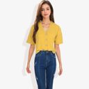 Yellow Large Short Sleeve Button Down Shirt with V-Neckline