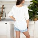  Embroidered Eyelet Detail Scoop Neck Top with 3/4 Sleeves for Effortless Casual Styling