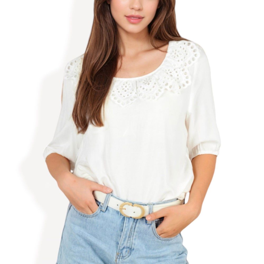 Embroidered Eyelet Detail Scoop Neck Top with 3/4 Sleeves for Effortless Casual Styling