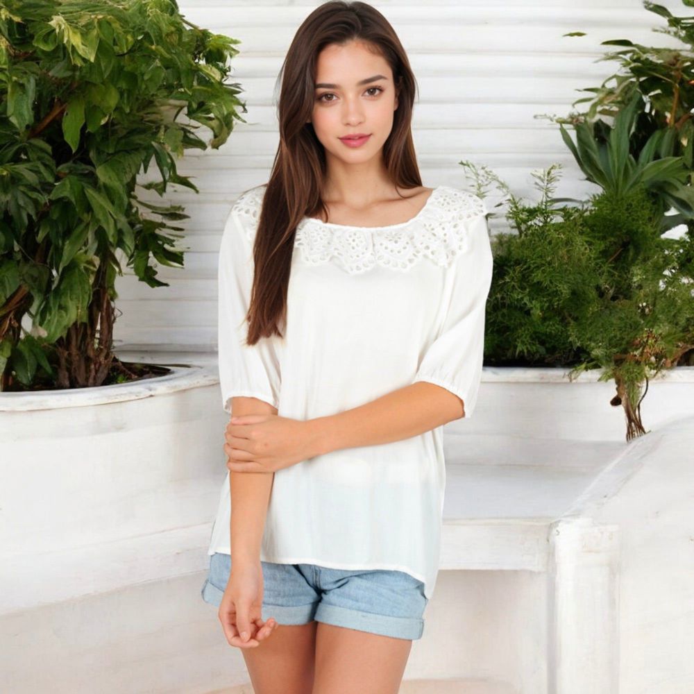 Embroidered Eyelet Detail Scoop Neck Top with 3/4 Sleeves for Effortless Casual Styling