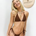 Brown Large String Triangle Bikini Set with Adjustable Tie Side Bottoms and Minimal Coverage