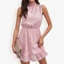 Pink Medium Sleeveless High Neck Mini Dress with Ruffle Hem and Subtle Leopard Print