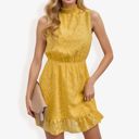 Yellow Medium Sleeveless High Neck Mini Dress with Ruffle Hem and Subtle Leopard Print