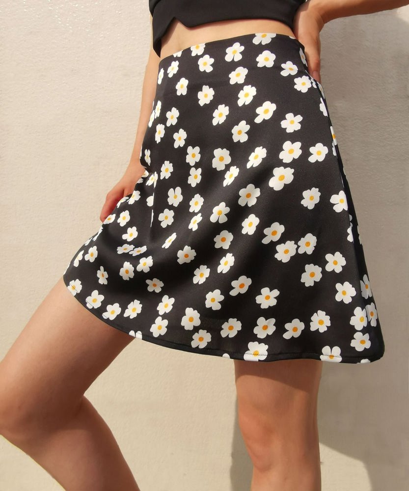 Floral Print Mini Skirt with High Waist and Stretchy Fit