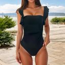  Ruffled Strap Square Neck One Piece Swimsuit Bathing Suits