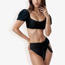 Black Large Cute Off Shoulder Bubble Sleeves High Waisted Two Piece Bikini Swimsuit Black