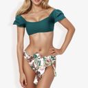 Green Large Cute Off Shoulder Bubble Sleeves High Waisted Two Piece Bikini Swimsuit Black