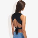 Black Large High Neck Open Back Ribbon Tie Cropped Tank