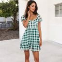  Puff Sleeve Gingham Mini Dress with Ruffle Hem