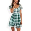 Green Large Puff Sleeve Gingham Mini Dress with Ruffle Hem