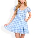 Blue Large Puff Sleeve Gingham Mini Dress with Ruffle Hem