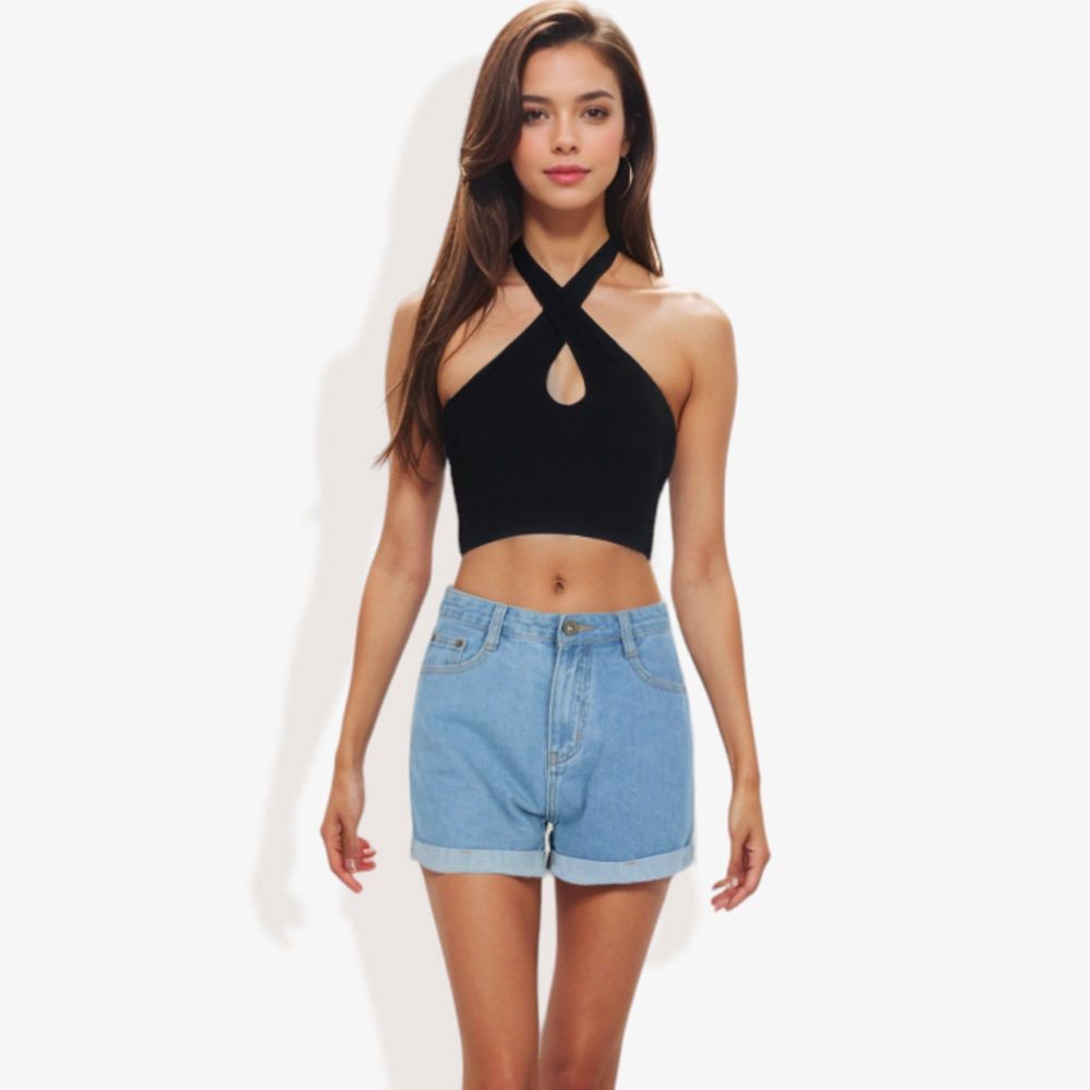 Halter Neck Crop Top with Keyhole Front and Crisscross Back Detail Casual Summer Tank