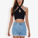 Black Medium Halter Neck Crop Top with Keyhole Front and Crisscross Back Detail Casual Summer Tank