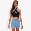 Black Medium Halter Neck Crop Top with Keyhole Front and Crisscross Back Detail Casual Summer Tank