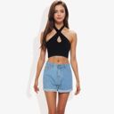 Black Medium Halter Neck Crop Top with Keyhole Front and Crisscross Back Detail Casual Summer Tank