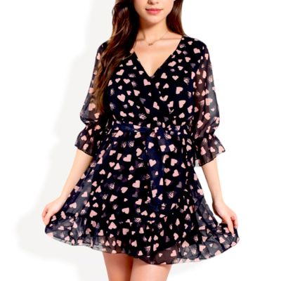 V-Neck Heart Print Wrap Dress with Ruffle Hem and Tie Waist