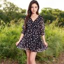 Black Large V-Neck Heart Print Wrap Dress with Ruffle Hem and Tie Waist