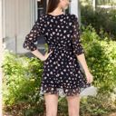 Black Large V-Neck Heart Print Wrap Dress with Ruffle Hem and Tie Waist