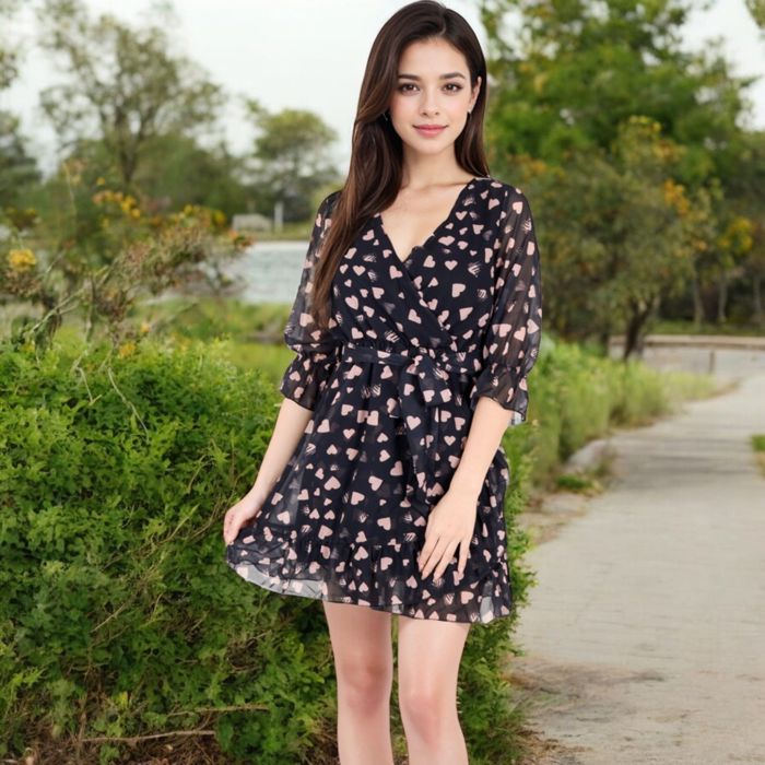 V-Neck Heart Print Wrap Dress with Ruffle Hem and Tie Waist