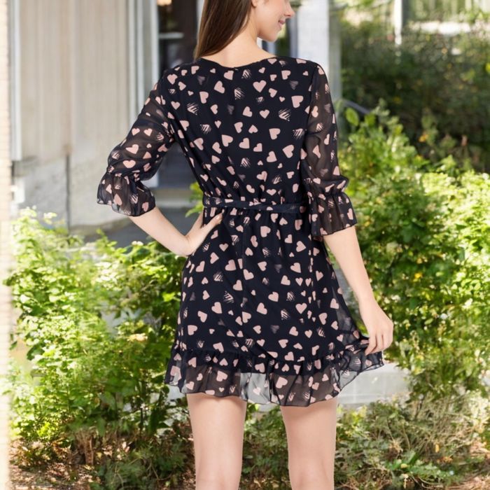 V-Neck Heart Print Wrap Dress with Ruffle Hem and Tie Waist