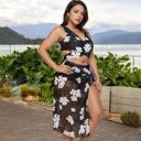 Black 1X Plus Size Floral Bikini 3-Piece Set with Sheer Sarong Cover-Up