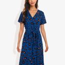 Blue Large Short Sleeve V-Neck Leopard Print Maxi Dress with Waist Tie